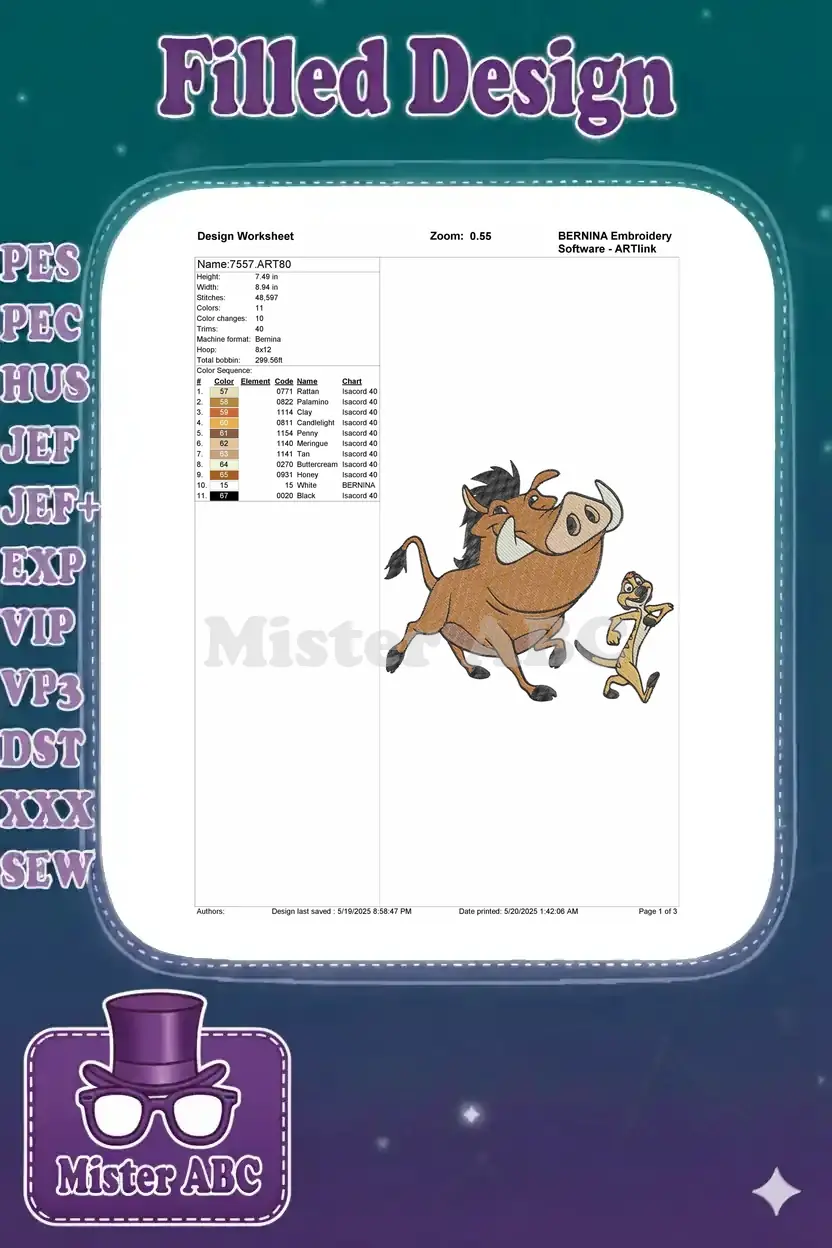 Embroidery design worksheet for Pumbaa and Timon, detailing dimensions, stitch count, colors, and machine format.