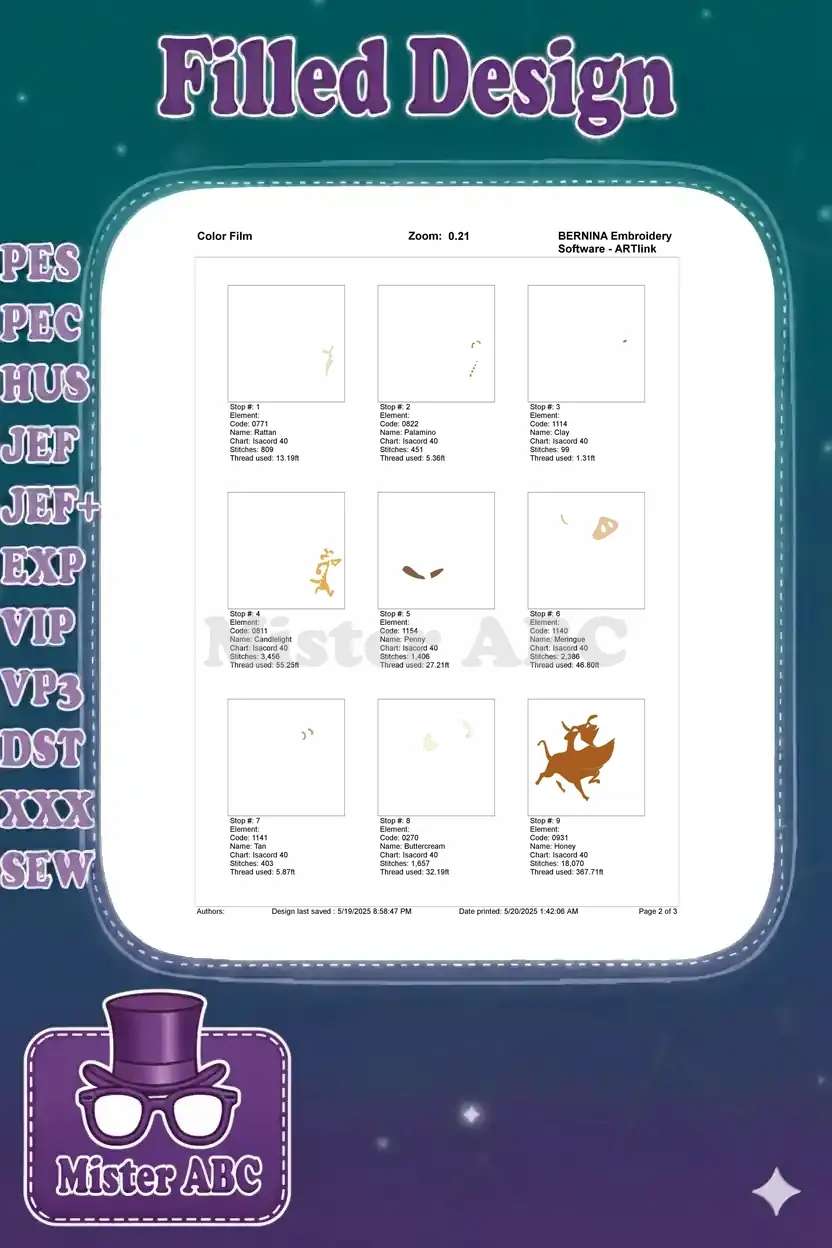 First page of the embroidery color film, showing stitch order and thread usage for the initial 9 color stops.
