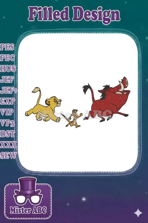 Lively embroidery design showcasing young Simba, Timon the meerkat, and Pumbaa the warthog running together.