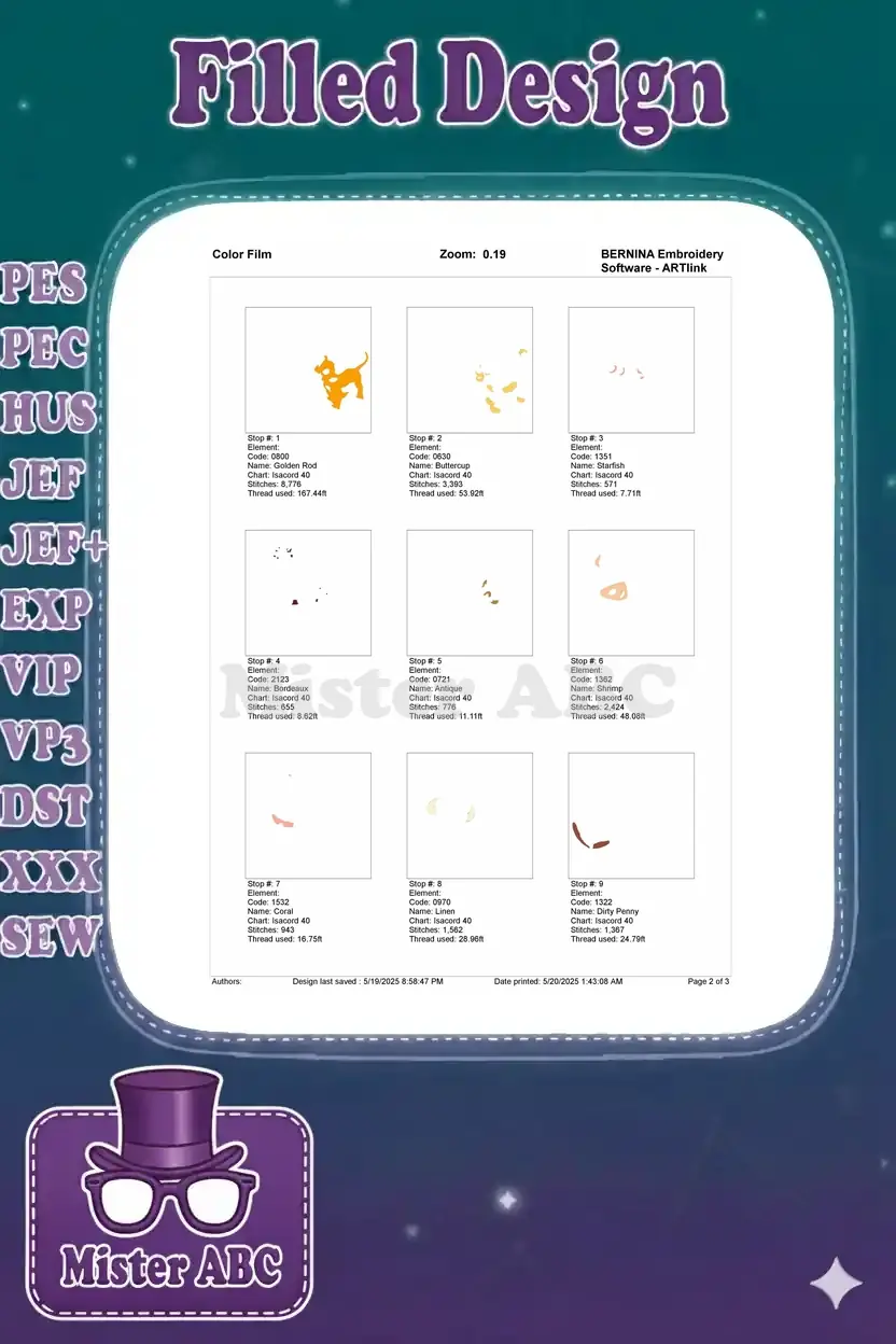 Color film breakdown for the embroidery design, showing the first nine color stops and their respective thread details.