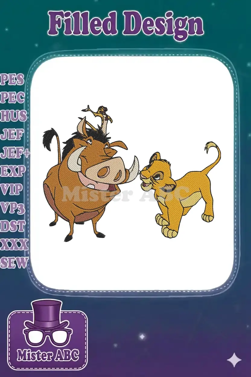 Vibrant embroidery of Pumbaa, Timon, and young Simba from The Lion King, showcasing detailed character design and rich colors.