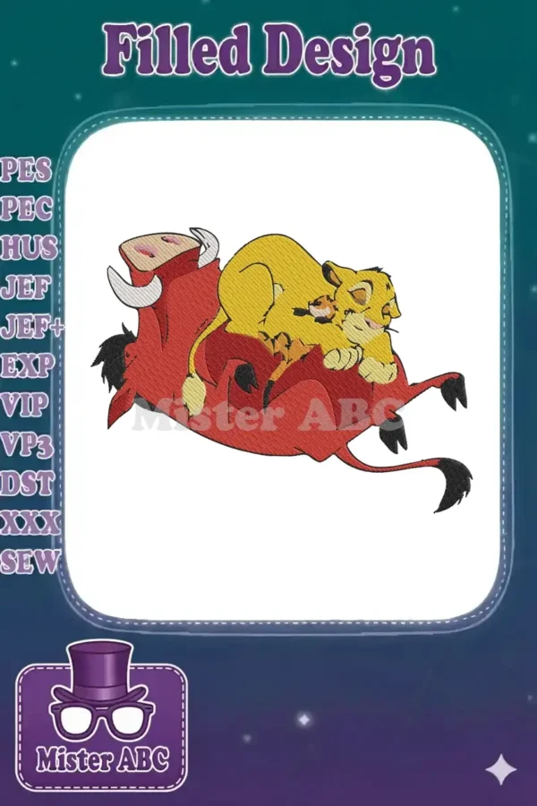 Pumbaa the warthog and Simba the lion cub from The Lion King, an adorable embroidery design.
