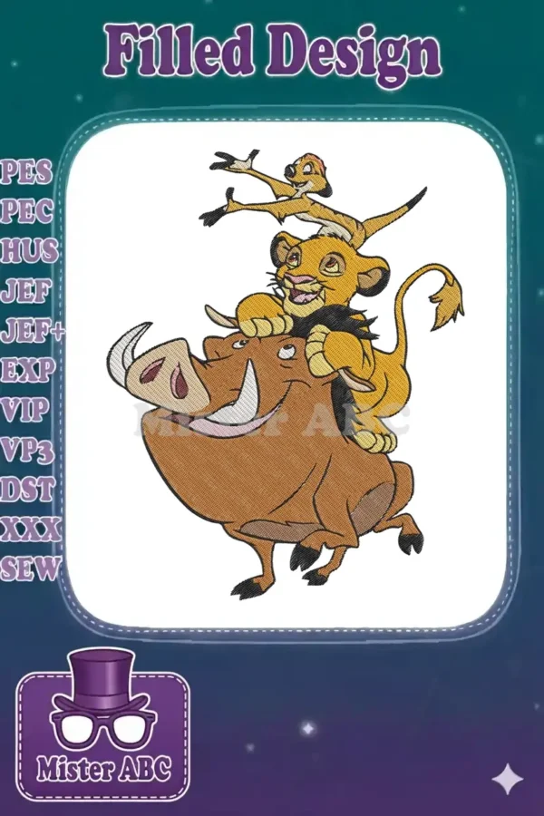 A vibrant embroidery design featuring young Simba riding on Pumbaa's back, with Timon perched playfully on Simba's head.