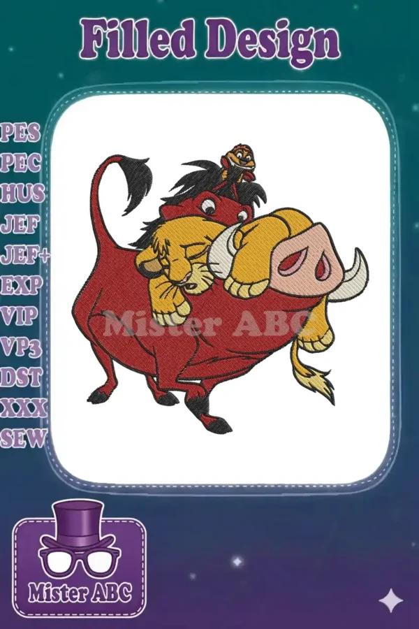 Vibrant embroidery design featuring Simba the lion cub riding Pumbaa the warthog, with Timon the meerkat on top.