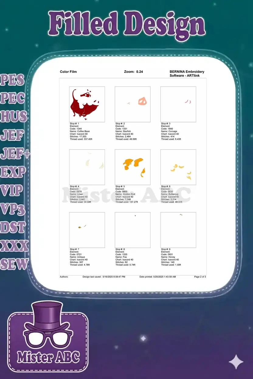 Page 2 of 3 of the color film, illustrating the first nine embroidery stitch stops and thread details.