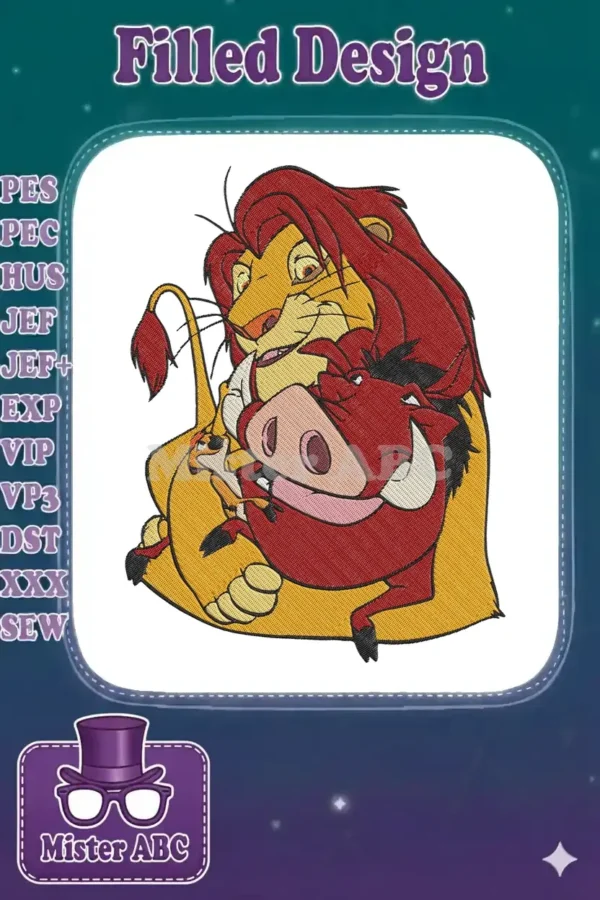 Embroidered design of Simba, Timon, and Pumbaa from The Lion King, showcasing friendship and adventure.