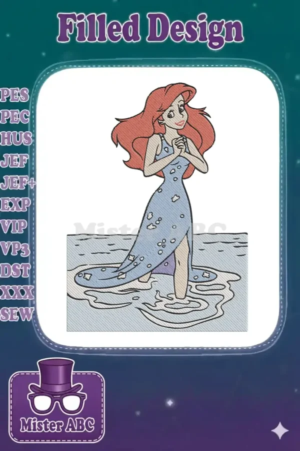 Ariel from The Little Mermaid, a charming embroidery design featuring her in a blue dress in water.