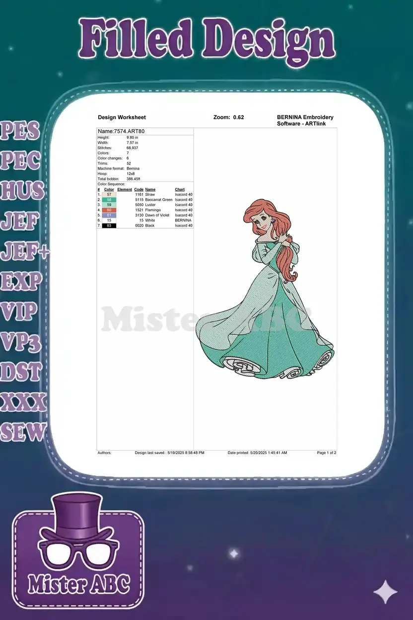 Embroidery design worksheet for Ariel, showing dimensions, stitch count, color sequence, and machine compatibility details.