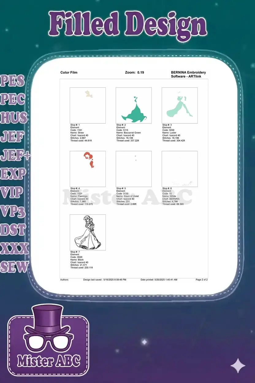 Color film breakdown of the Ariel embroidery design, showing each color stop and its corresponding stitched elements.
