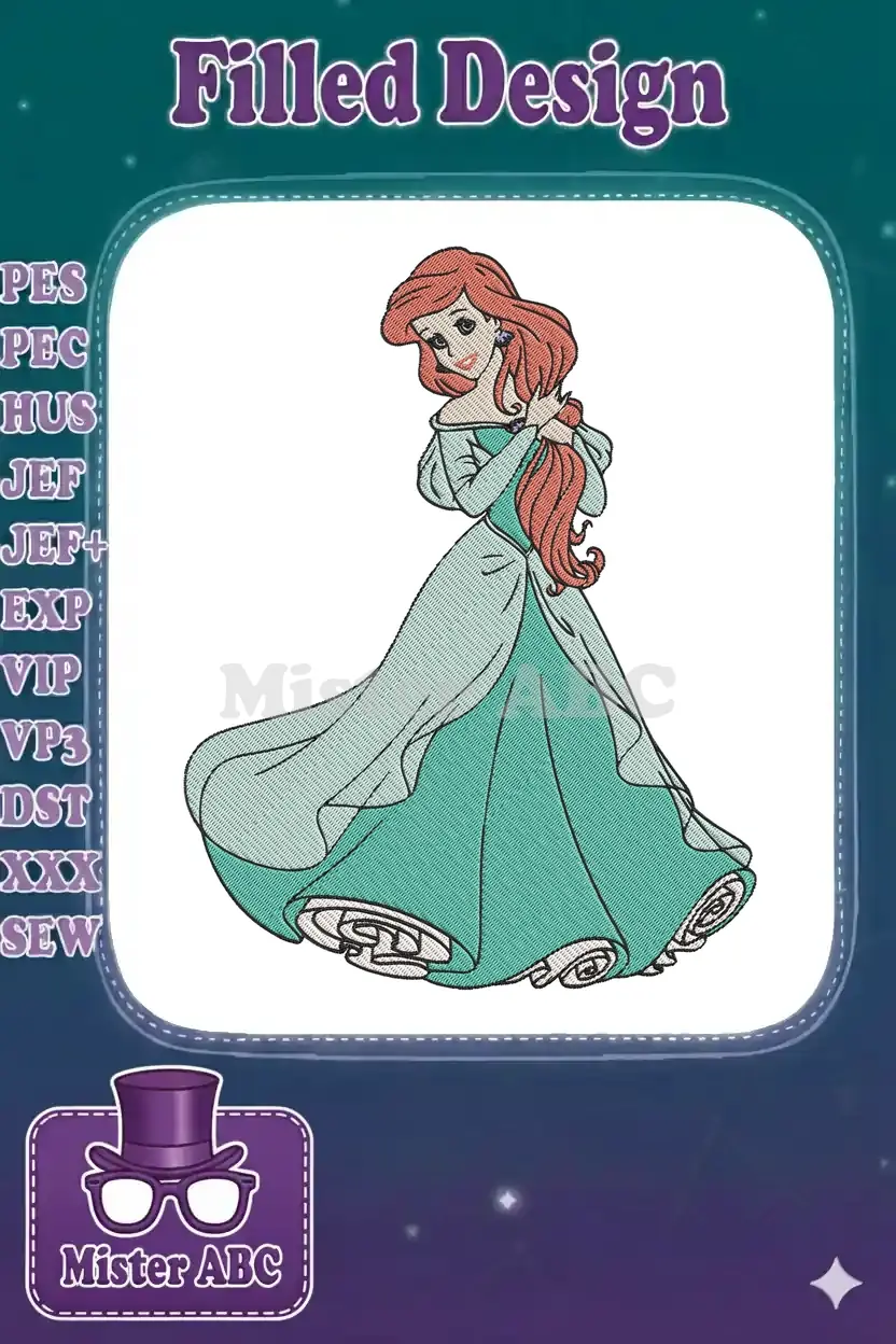 Full-color embroidered design of Ariel from The Little Mermaid, wearing a long teal and light blue gown, with flowing red hair.