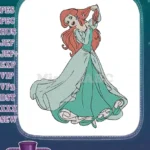 Little Mermaid Ariel playful in green dress embroidery designs - Instant Download