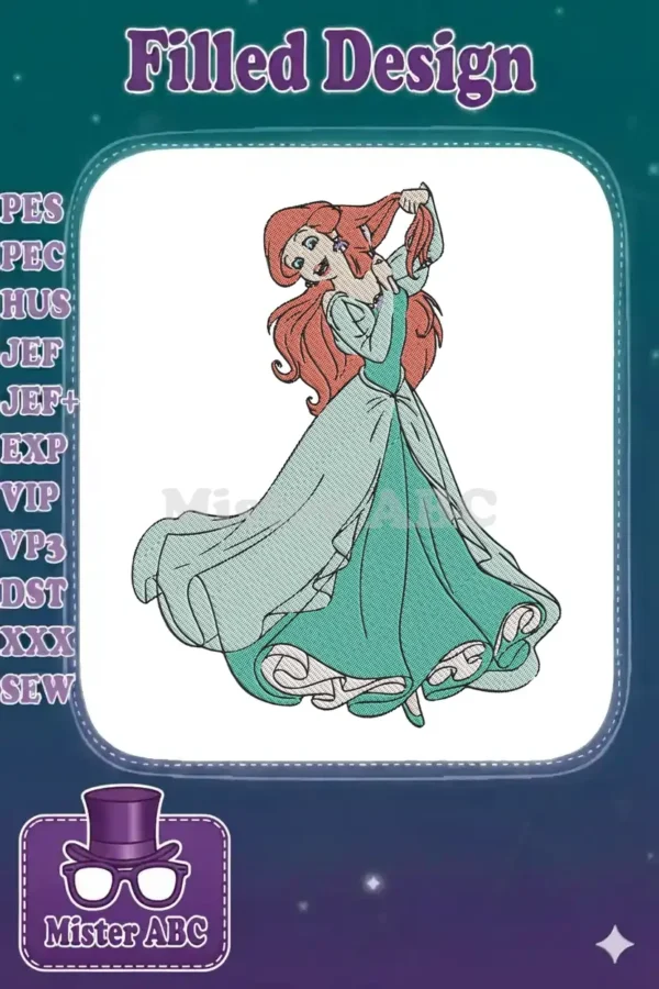 A vibrant embroidery design featuring Disney's Ariel in a beautiful flowing dress, playfully twirling her red hair.