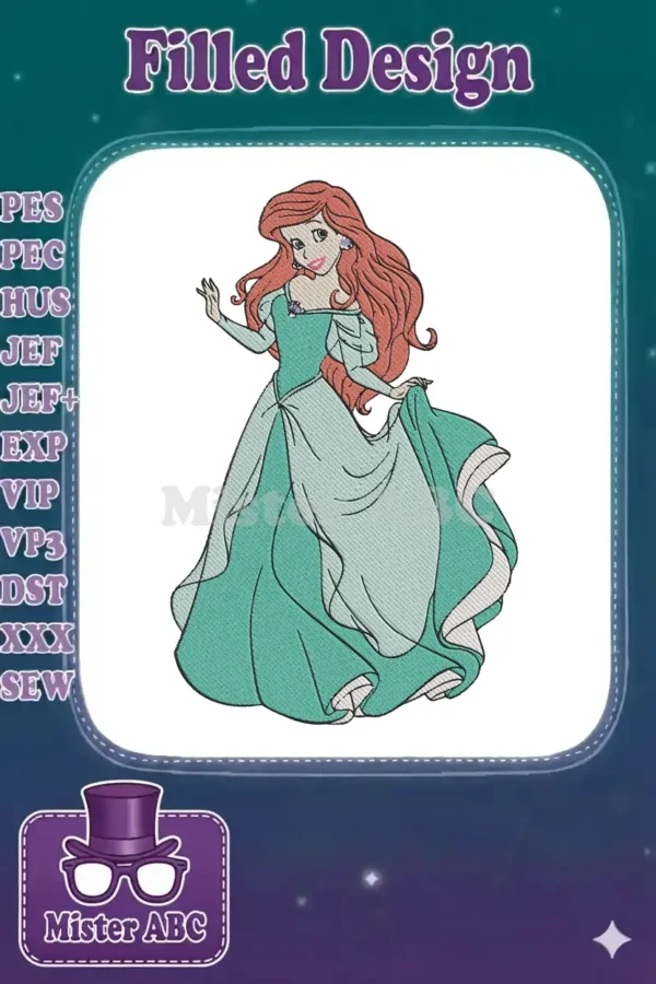 A vibrant embroidery design of Princess Ariel from Disney, gracefully posing in an elegant teal ball gown.