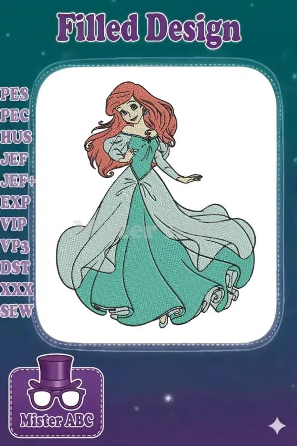A vibrant embroidery design of Ariel from The Little Mermaid, gracefully posing in her iconic teal ball gown.