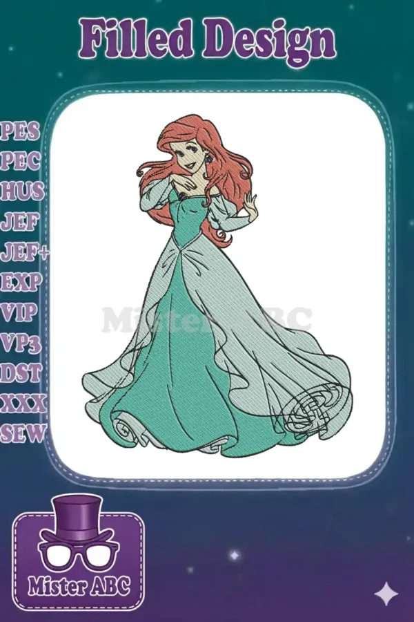 Ariel, the Little Mermaid princess, in an elegant teal and light blue ballgown, rendered as a detailed embroidery design.