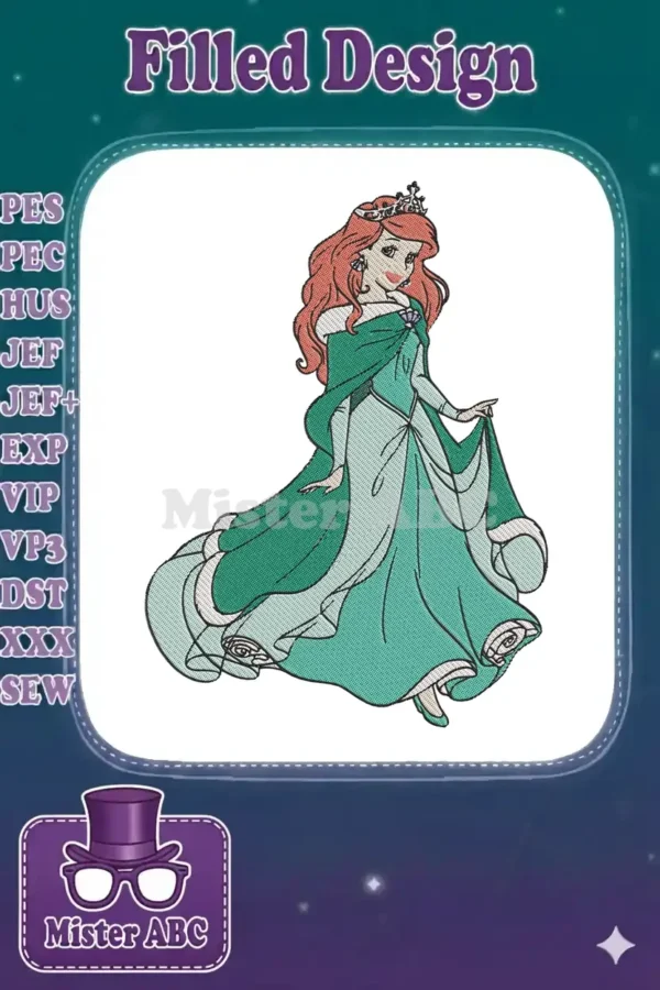An elegant embroidery design of a red-haired princess in a flowing green and light blue gown, wearing a crown.