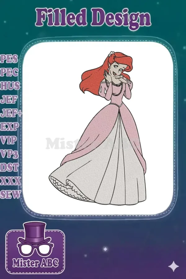 Beautiful embroidery of Princess Ariel from Disney in a flowing pink ball gown, with intricate details and vibrant colors.