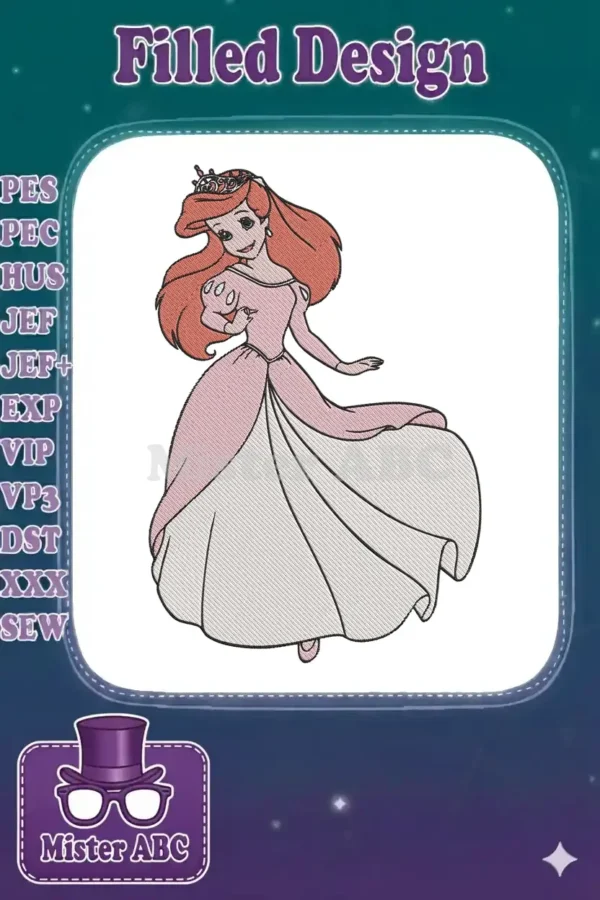 Full-length embroidery design of Princess Ariel in a lovely pink gown, adorned with a subtle crown, showcasing intricate stitching.