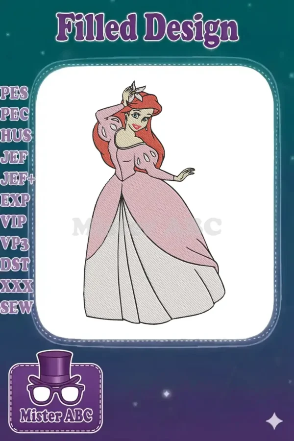 Full-color embroidery design of Disney Princess Ariel in an elegant pink gown, holding a flower in her red hair.