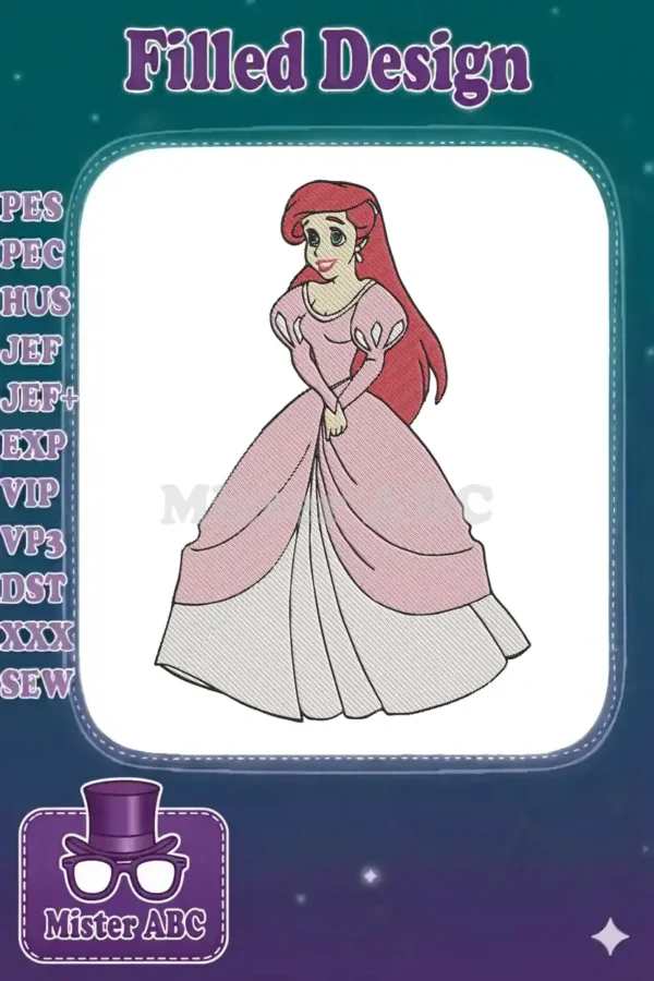 Ariel from Disney's The Little Mermaid in an elegant pink ball gown, featuring detailed fill stitch embroidery.