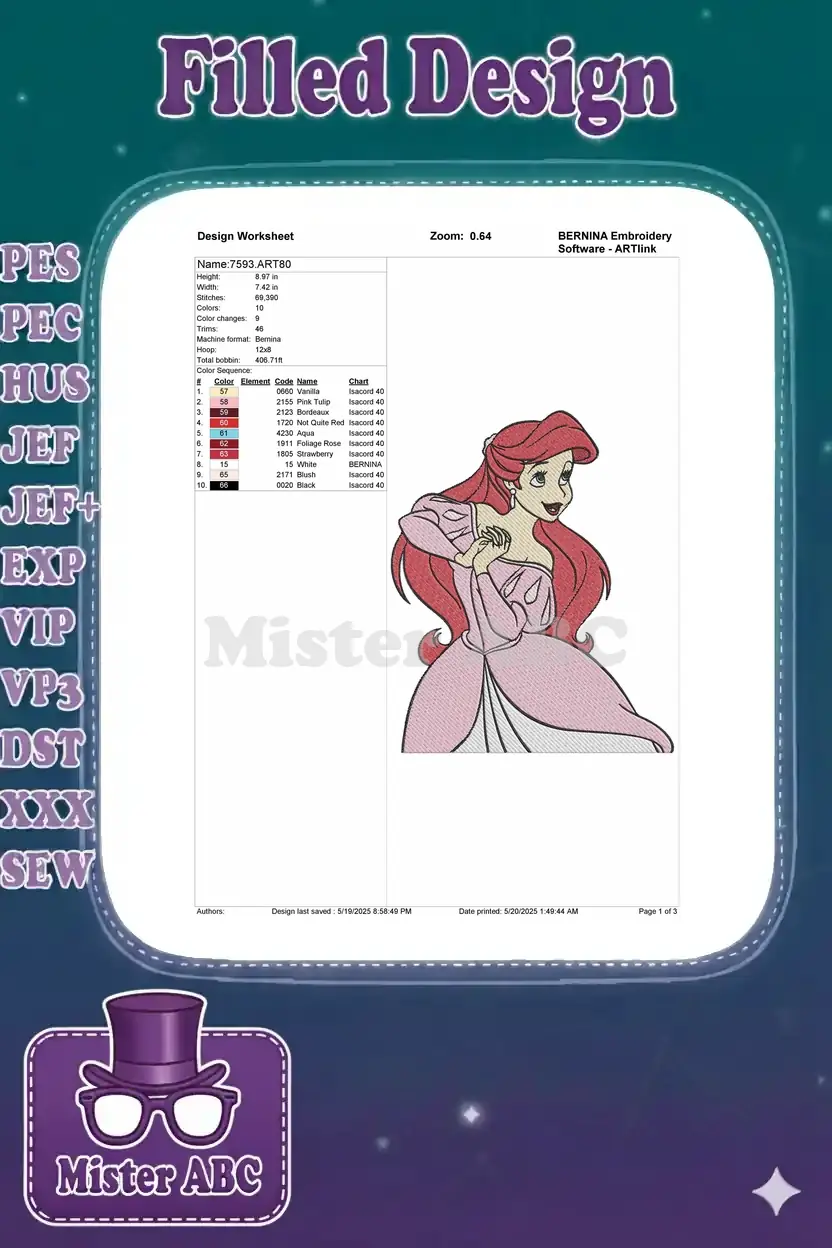Detailed embroidery design worksheet for Ariel, showing dimensions, stitch count, thread colors, and machine specifications.