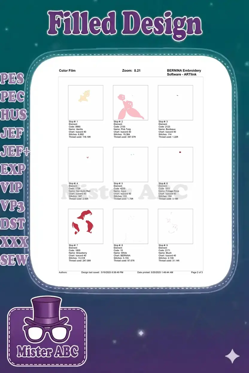 Partial color film showing the embroidery sequence for the first nine thread colors of the Ariel design.