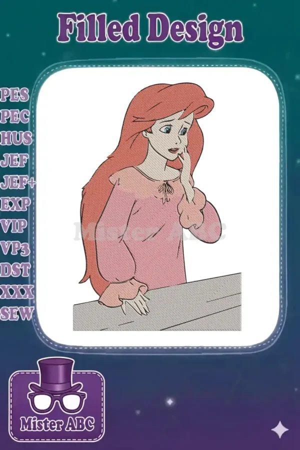 Detailed embroidery of Princess Ariel from The Little Mermaid, in a pink nightgown, looking pensive over a railing.