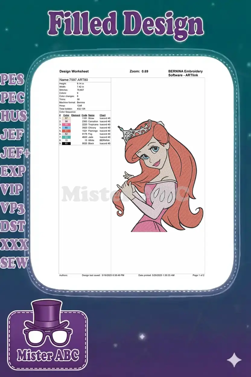 Embroidery design worksheet providing specs: 9.14in height, 7.42in width, 70,807 stitches, 9 colors.
