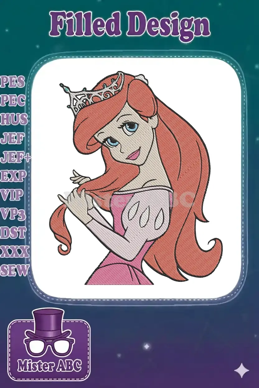 Vibrant embroidery design of a red-haired princess with a crown and pink dress, posing playfully.
