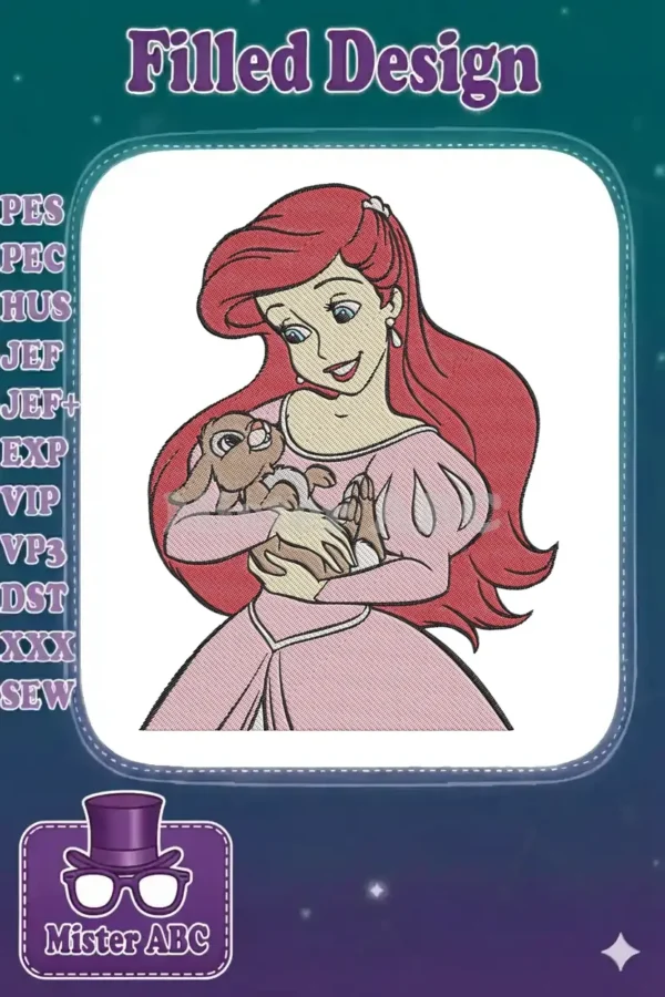 A beautiful embroidery of Princess Ariel with flowing red hair, holding a small brown rabbit, on a white background.