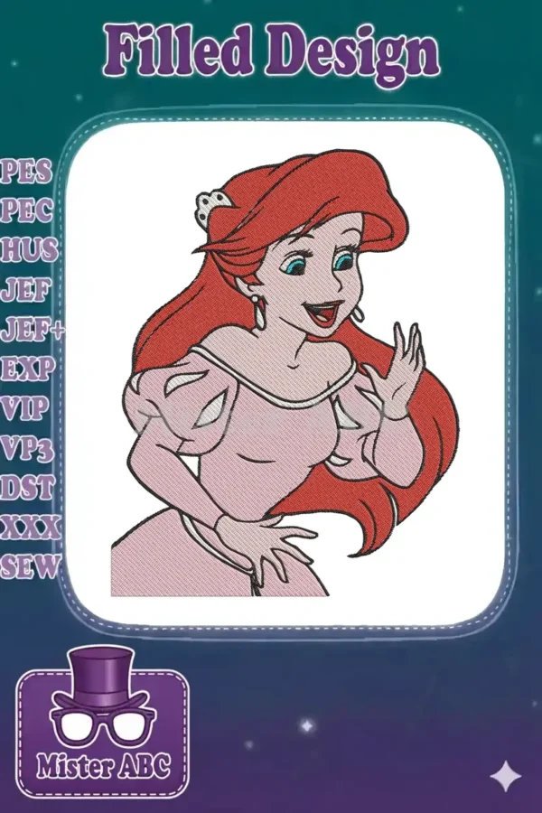 A vibrant digital embroidery design of Ariel from Disney's The Little Mermaid, wearing a pink dress with intricate details.