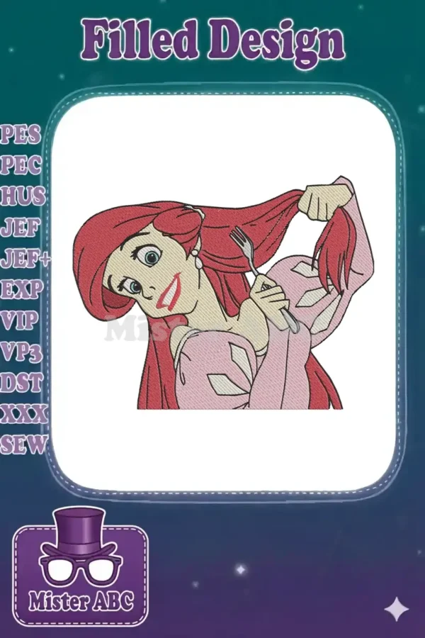 A vibrant embroidery of Ariel from The Little Mermaid, with red hair, pink dress, playfully holding a fork.