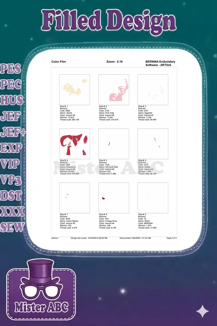 Part one of the color film for the Ariel embroidery design, showing individual stitch stops for colors 1-9.