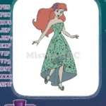 Smiling Princess Ariel Green Floral Dress Embroidery Designs - Instant Download