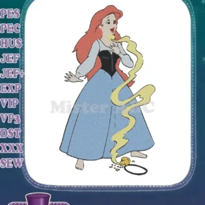 Vibrant embroidery of Ariel from The Little Mermaid in a blue dress, with golden magic emanating from her hands.