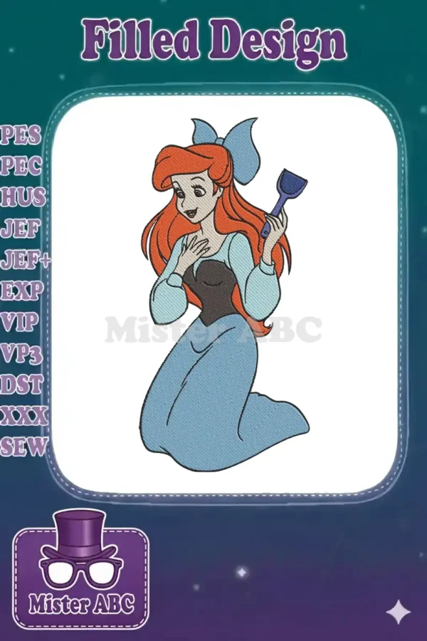 A vibrant embroidery design of Ariel from The Little Mermaid, in her blue village dress, holding a dinglehopper.