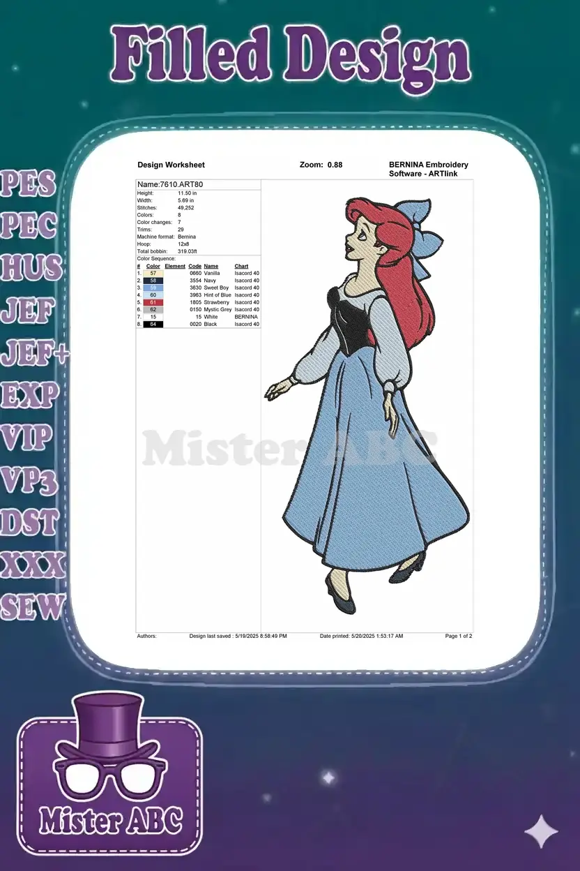 An embroidery design worksheet showing Ariel, with detailed specifications like dimensions, stitch count, and thread colors.