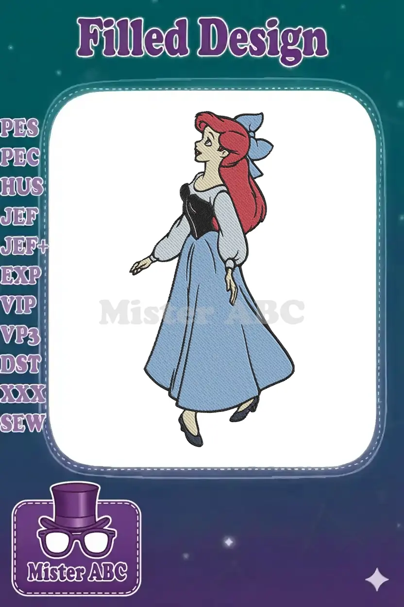 A full-body embroidery design of Disney's Ariel in her blue dress, black corset, and a light blue bow.