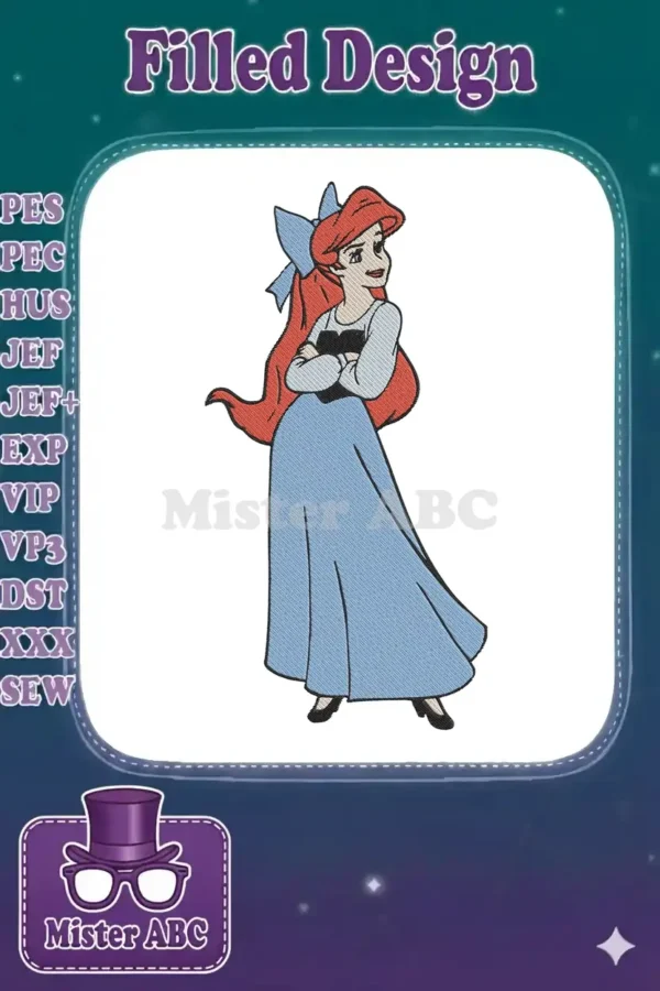 Embroidery design of Disney's Ariel in a blue dress with a light blue bow, arms crossed, smiling.