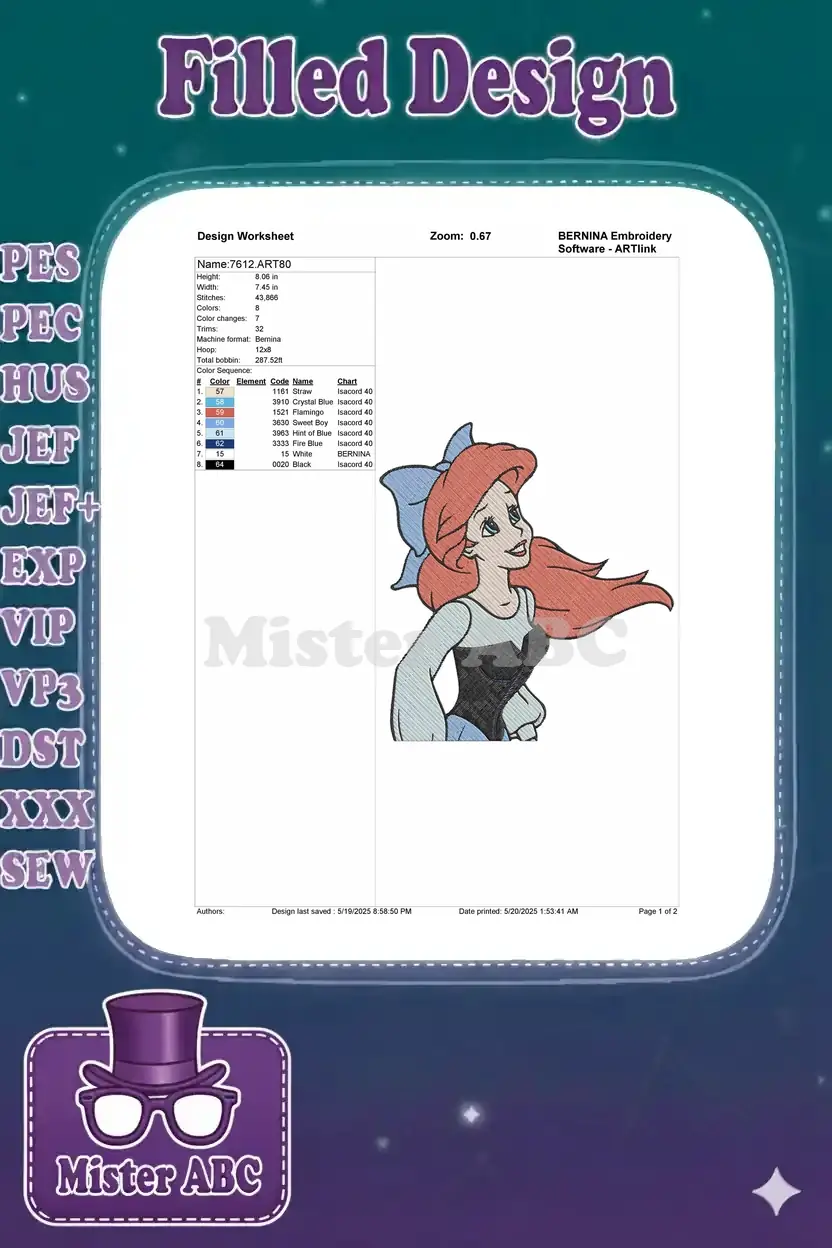 Embroidery design worksheet for Ariel, showing dimensions, stitch count, color sequence, and machine details.
