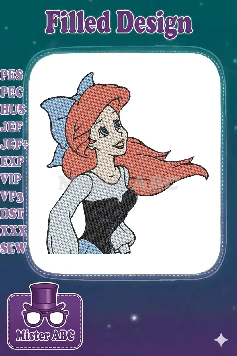 Close-up of Ariel from The Little Mermaid, a vibrant embroidery design with red hair, blue bow, and a hopeful expression.