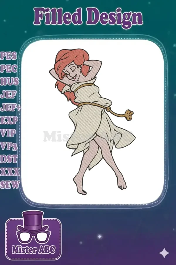 Ariel from The Little Mermaid in a white dress, stretching gracefully, a perfect embroidery design for fans.