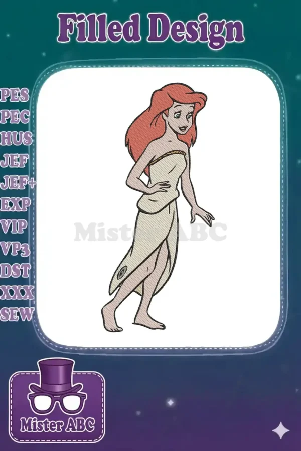 A detailed embroidery design of Ariel from The Little Mermaid, in human form, wrapped in a cream towel.