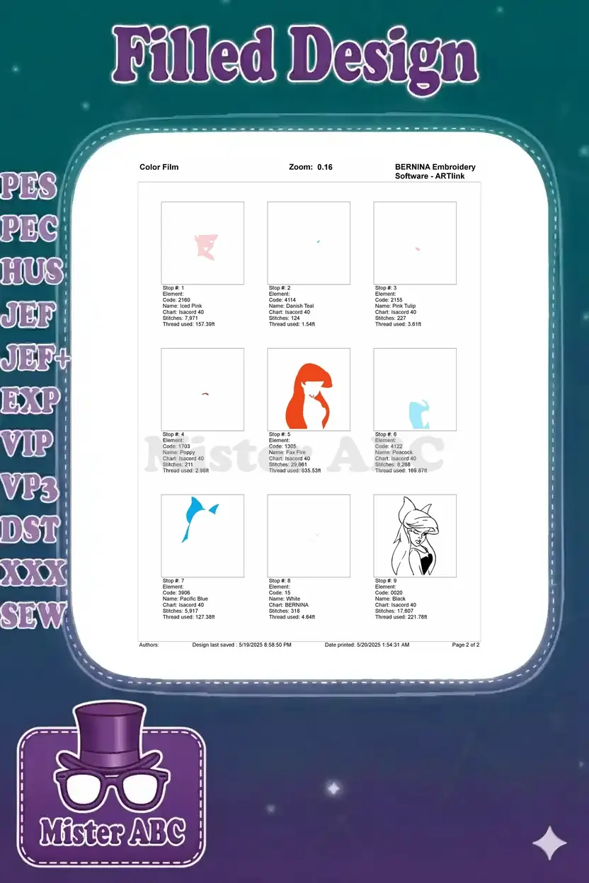 Color film breakdown for Ariel embroidery, illustrating the precise stitching order for each color element.