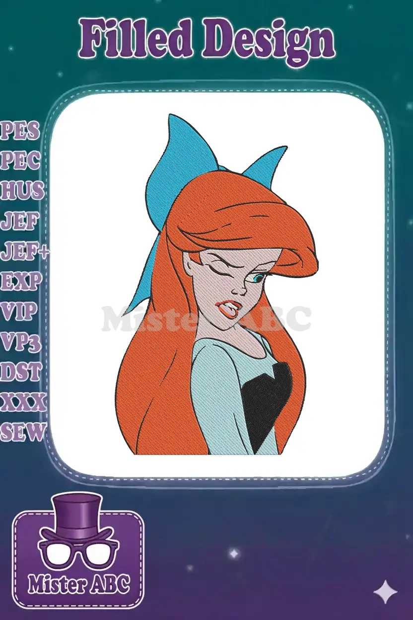 Detailed embroidery of Ariel, the Little Mermaid, with red hair and a blue bow, expressing a sassy emotion.
