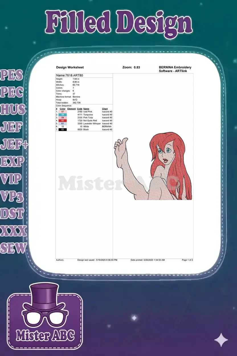 Embroidery design worksheet for Ariel, detailing dimensions, stitch count, color sequence, and machine info.