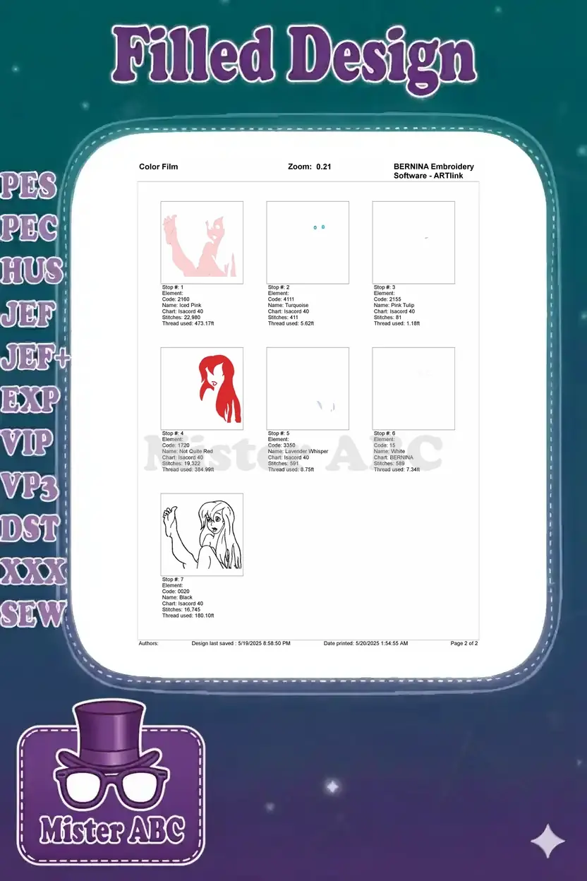 Color film breakdown of the Ariel embroidery design, showing each color layer and stitch progression.