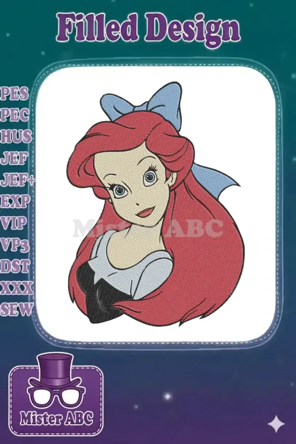 Vibrant Ariel embroidery design featuring her iconic red hair, blue bow, and expressive eyes against a white background.
