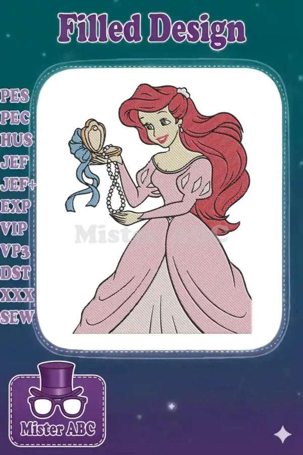 Elegant Ariel embroidery design, featuring the princess in a pink ball gown, holding a pearl necklace.