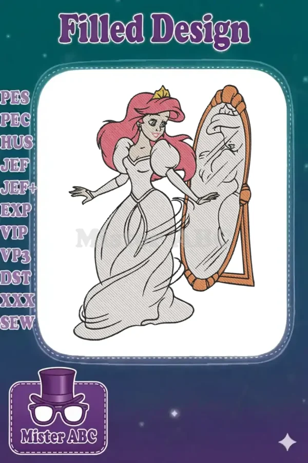 Ariel in an elegant white wedding gown with a crown, looking into a mirror, a beautiful embroidery design.